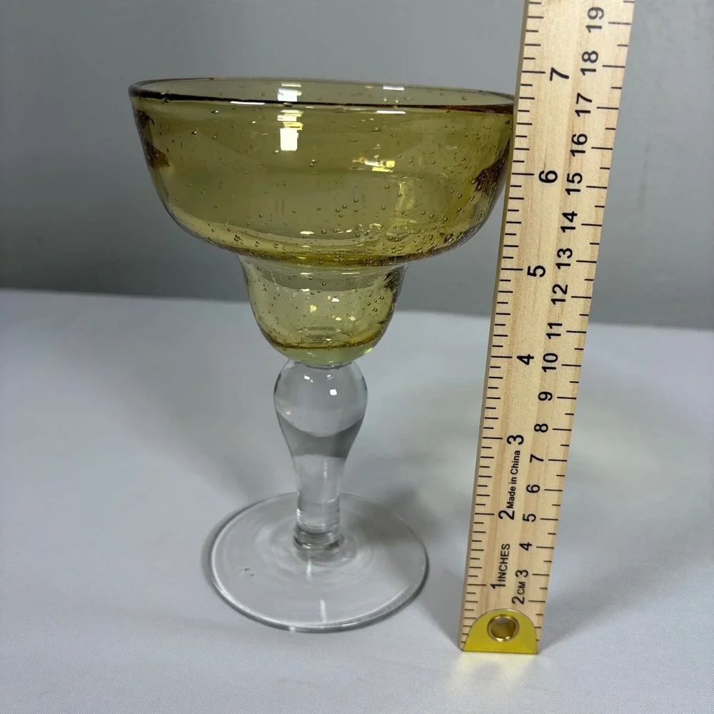 Amber Seeded Glass Margarita Glasses Set of 3 Hand Blown‎ Clear Stem 7 Inch